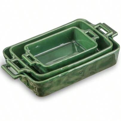 Ceramic Bakeware Set Porcelain Rectangular Baking Dish Baking Pan Lasagna Pans Casserole Dish Set For Cooking Kitchen Cake Dinner Banquet And Daily Use 3 PCS 15 X 8.5 Inches Green