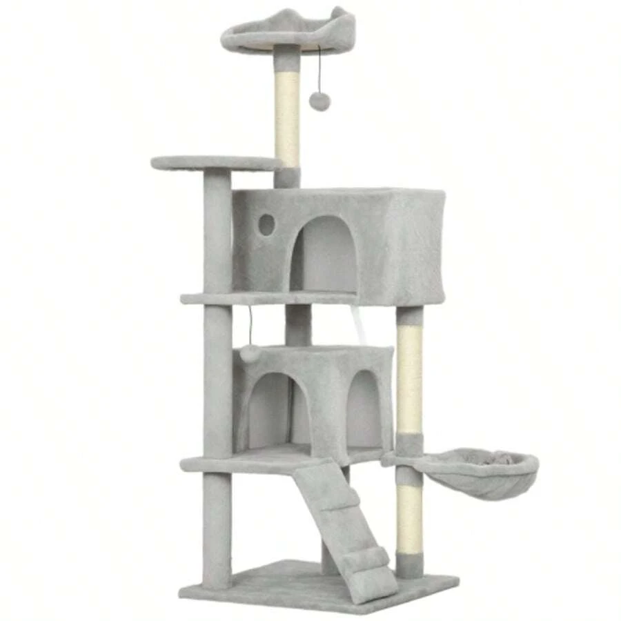 PawHut 140cm Cat Tree With Multiple Levels, Sisal Scratching Posts, Caves, Plush Platforms, Hammock, Ladder And Play Balls. - 深灰色 - 查看 1