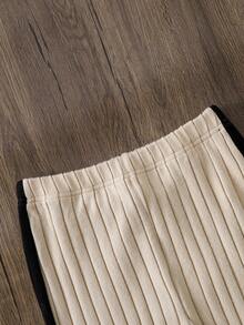 Autumn/Winter Girls & Women Casual Cute Simple Versatile Slouchy Knit Crew Neck Long Sleeve Top & Patchwork Flare Long Skirt - Apricot - View 3