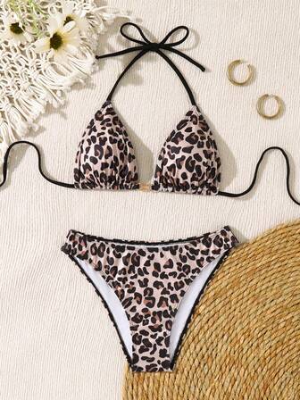 女士比基尼两件套泳衣，豹纹拼接系带串珠装饰女士沙滩度假比基尼套装，适合夏季海滩