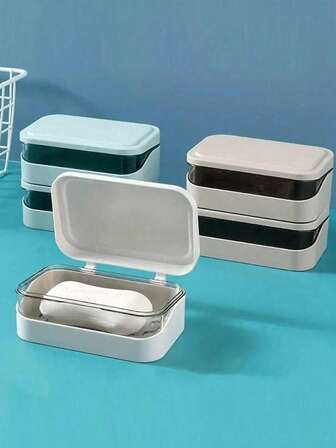 1pc Plastic Rectangular Soap Dish With Cover, Portable Soap Holder, Bathroom Draining Soap Dish, Bathroom Accessories, Home Bathroom Decor, Autumn Decor, Back To School Decor