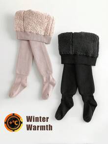 2 Pairs Girls' Thick Thermal Lined Tights, Solid Color Simple Style, Warm For Outdoor Wear In Winter, Infant & Toddler Leggings - Multicolor - View 3
