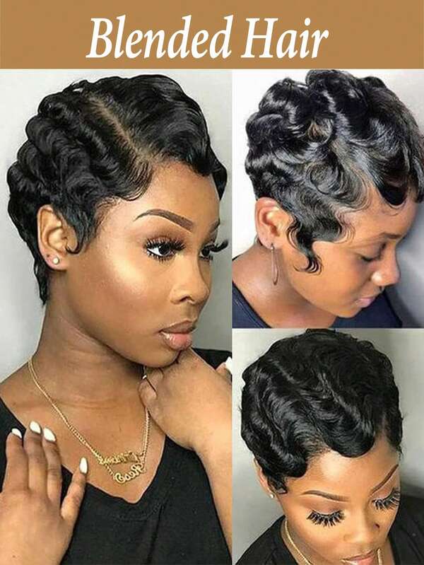 Short Finger Wavy Curly Black Cute Wig Blended Hair Real Retro African Natural Looking Mommy Wig For Women Black Curly Wigs