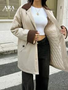 ARA CHIC Women's Khaki Contrast Collar Casual Practical Windbreaker - High-End Quilted Warm Mid-Length Jacket, Suitable For Outdoor And Daily Commute, Autumn/Winter New Arrival - Khaki - View 1