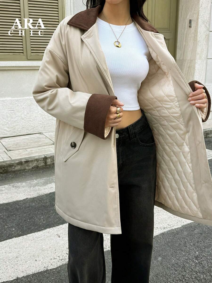 ARA CHIC Women's Khaki Contrast Collar Casual Practical Windbreaker - High-End Quilted Warm Mid-Length Jacket, Suitable For Outdoor And Daily Commute, Autumn/Winter New Arrival - Khaki - View 1