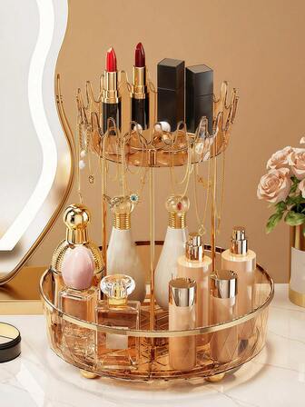 1个皇冠透明旋转化妆品收纳盒，高端双层桌面整理架，梳妆台首饰盒，女士礼物，圣诞礼物，女士送礼佳品