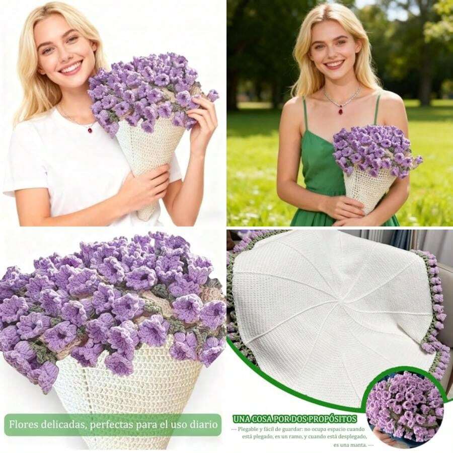Manta de Ramo de Flores, Hecha A Mano con Ramo de Rosas de Ganchillo, Finished Product, Ideal para El Día de La Madre, Bodas, San Valentín, Decoración del Hogar(Natural 63inch) - Multicolor - Ver 1