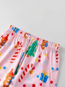 Women's Christmas Pajama Sets Fashionable Printed Button Down Ruffle Tops With Pants 2Pcs Soft Sleepwear - Pink - View 9