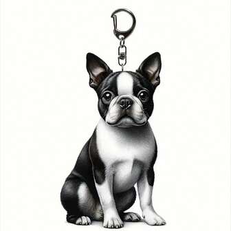 Boston Terrier Acrylic Keychain, Cute Animal Keyring, Durable Cartoon Style Key Accessory For Pet Lovers, Men's Fashion Key Ring, Non-Woven Material (PVC/Real Leather/Real Faux Fur)
