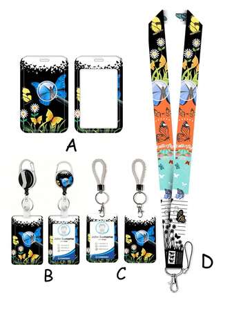 1 st ABS-nyckelring med fjärils- och blommönster, infällbar väskberlock med klämma, student-ID/resekorthållare, lämplig som present och dagligt bruk