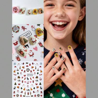 1 片圣诞儿童美甲贴纸，图案可爱，包括圣诞老人、圣诞树和圣诞礼物，适合儿童圣诞 DIY 美甲装饰。