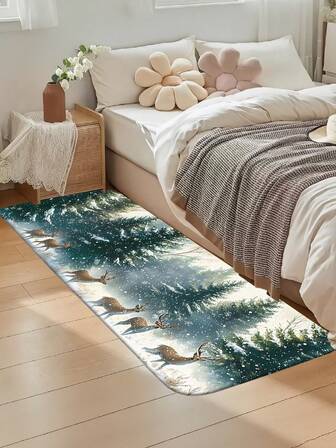 1pc Nordic Snow Forest Deer Pattern Soft Bedside Mat, 1cm Thick Rectangular Floor Mat, Modern Minimalist Style, Quick Drying, Decorative Indoor Entrance Small Rug, Kitchen Mat, Outdoor Scraping Water Absorbing Carpet, Suitable For Parties, Holidays, Gifts Kitchen Rug