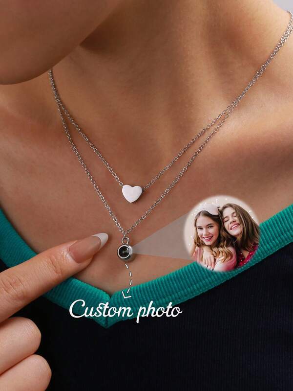 Customized Projection Photo Necklace, Stainless Steel Hollow Heart Projection Double Layer Necklace Set, Gift For Lover, Family, Memorial, Casual, Cute, Customized, Personalized, Unique, Suitable For Girlfriend, Mother, Family, Friend, Daughter, Anniversary, Valentine's Day, Mother's Day, Birthday, Graduation, Daily Wear, Wedding, Party, Personalized Jewelry, Christmas Gift