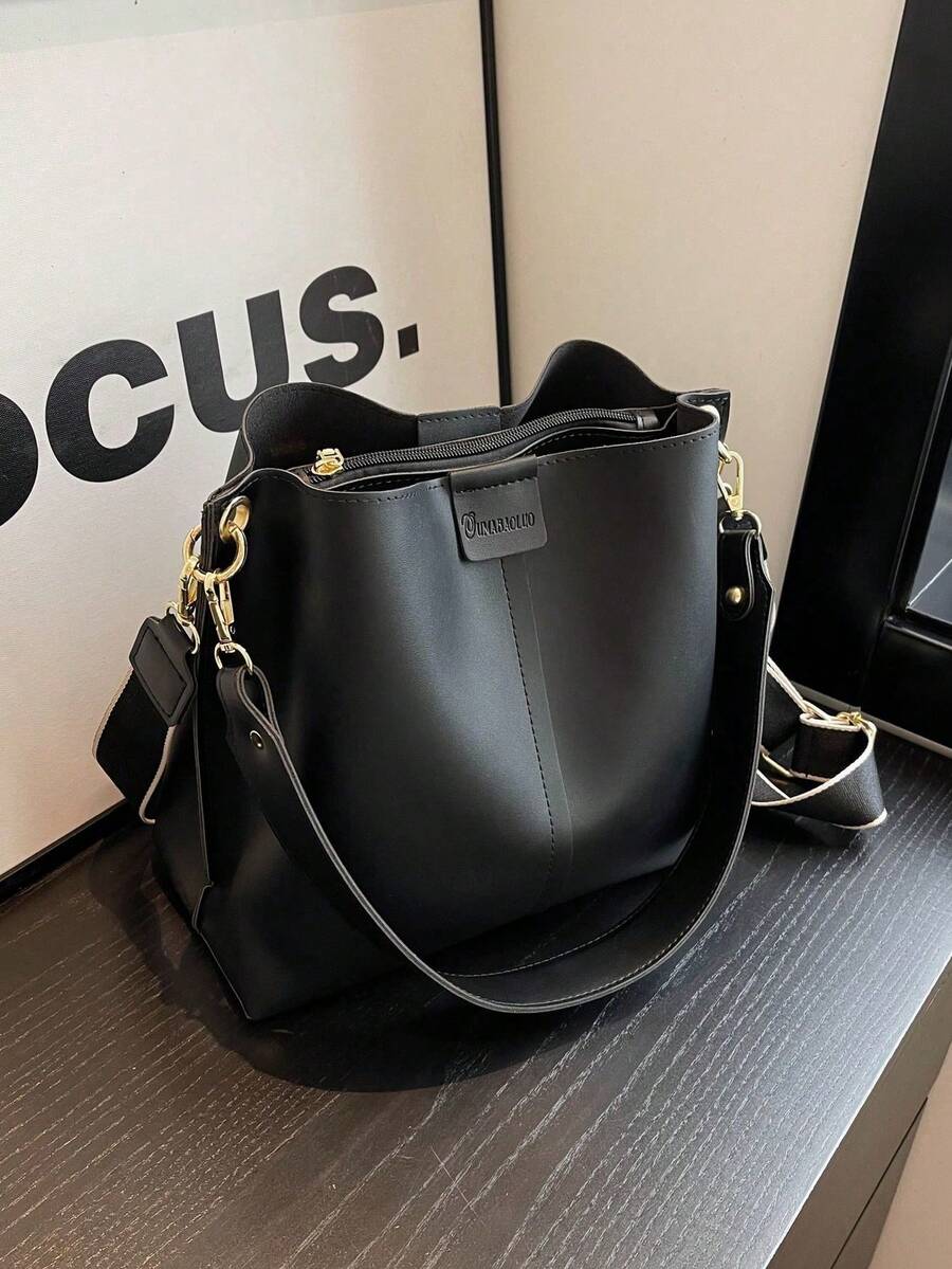 女士大容量手提包，新款纯色高端休闲通勤斜挎单肩包 - 黑色 - 查看 1