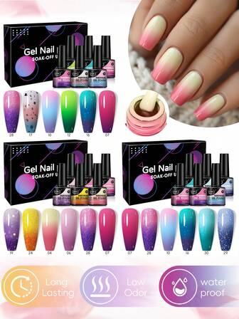 VOKY 6件套温变指甲油凝胶套装，不含甲醛和铅，UV/LED固化，美甲装饰，适合女性在家DIY或在美甲沙龙使用