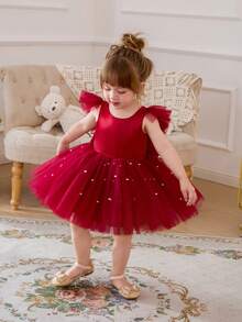 Baby Girls Burgundy Cap Sleeve Bow Beaded Mesh Elegant Party Dress, Princess Dress Suitable For Girls, 1st Birthday, Party, Banquet, Evening Gown, Wedding Flower Girl, Holiday Celebration - Burgundy - View 7