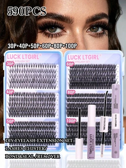 590pcs/300pcs High Density False Eyelashes Set, Includes Tools, Double-Ended Lash Glue, Lash Adhesive & Remover. Contains 6 Mixed Styles (30pcs+40pcs+50pcs+60pcs+80pcs+100pcs), Mixed Length (10-16mm), Customizable Density. Also Available In 3 Mixed Styles (10pcs+20pcs+30pcs)