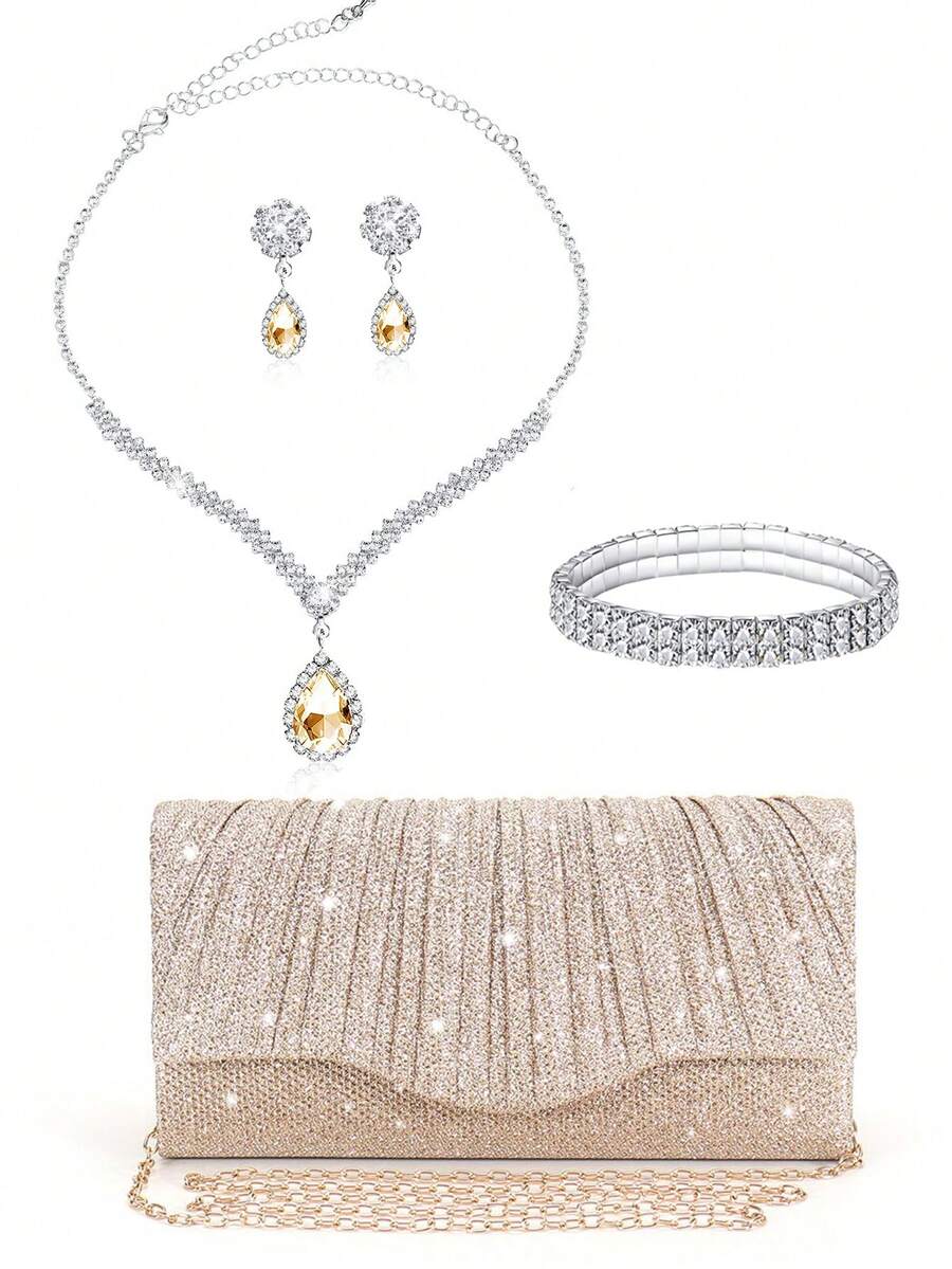 4 sztuki damskiej modnej, uniwersalnej plisowanej kopertówki, luksusowy naszyjnik z kryształkami, kolczyki, zestaw biżuterii z bransoletką na imprezę