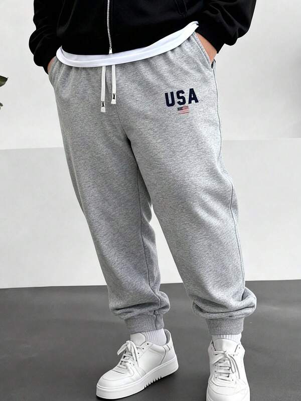 Plus Size Men's Casual Sweatpants With USA Flag Print