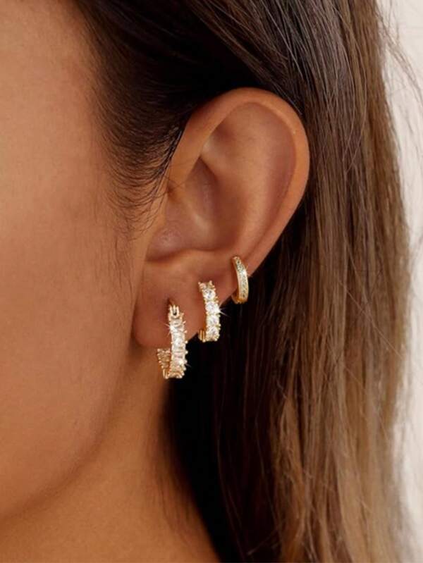 3pcs Golden Circular Earrings For Women, Fashionable And Exquisite 14K Gold-Plated Square Crystal Zirconia Stud Earrings, Huggie Hoop Earrings, Stacked Multi-Perforated Jewelry