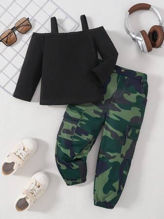 2 件女童迷彩印花吊带背心长袖上衣和裤子套装，秋冬休闲装