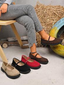 Women's Brown Waterproof Platform Mary Jane Flats, New Autumn/Winter Versatile Chunky Heel Suede Elegant Comfortable Loafers, Flat Shoes For All Seasons - Rust Brown - View 6