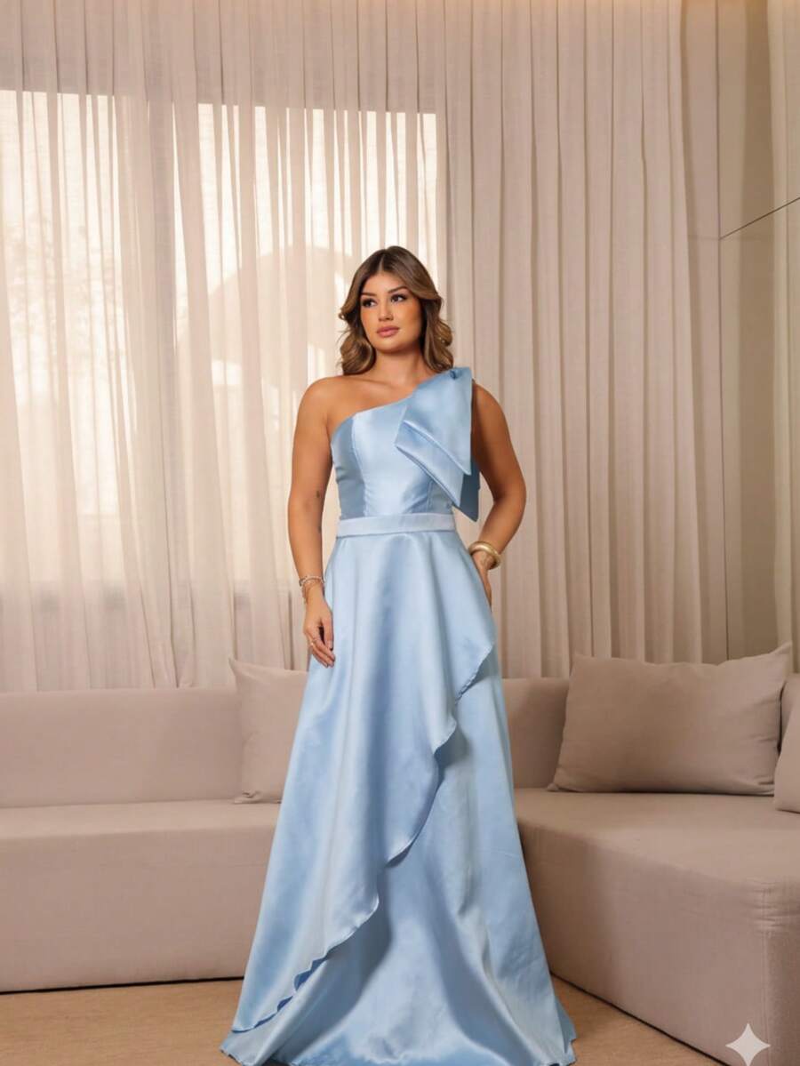 One-Shoulder Long Dress With Structured Bow – Unparalleled Elegance For Parties And Timeless Celebrations* - Màu xanh nhạt - Xem 1