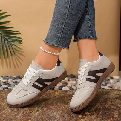 2026新款女士平底休闲运动鞋，圆头系带户外多功能轻便运动鞋，春秋季，易于清洁，平底低帮休闲鞋，撞色运动休闲鞋，复古滑板鞋风格，四季皆宜