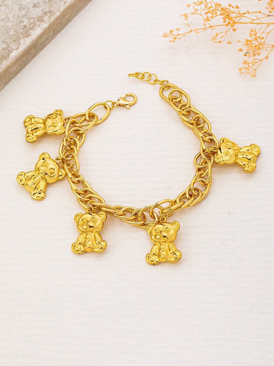1件时尚简约可爱小熊吊坠手链，独特设计，适合女性日常佩戴 - 金黃色 - 查看 1