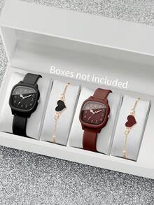 Set de 4 piezas de relojes de cuarzo de silicona para mujer con esfera numérica cuadrada, clásico + pulsera con forma de corazón (el reloj no está incluido en el set) - Multicolor - Ver 1