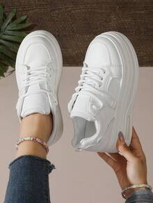 气垫厚底运动鞋 - 系带低帮滑板鞋 - 时尚坡跟女鞋 - 白色 - 查看 8