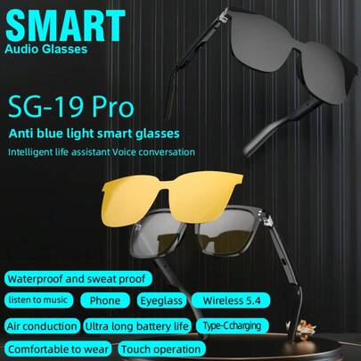 SG19 SG20 SG18 Gift Magnetic Lens TWS Two Transparent Lenses With Anti Blue Light And Polarizing Film Function, Cycling, Running, Business Sunglasses, Wireless Bluetooth Earphones Compatible With Android IOS, 80mAh+80