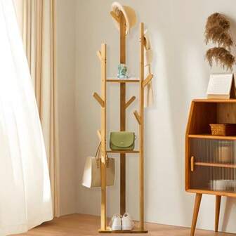 Uandhome Bamboo Clothes Hanger Stand: Freestanding Cloth Rail Wooden Clothes Rack With 3 Tier Shelves And 10 Hooks Entry Hall Tree Multifunctional Coat Stand For Bedroom Hallway Wood