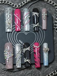 CrystalHola Unhas de Natal, 10 peças de unhas postiças artesanais, unhas longas de bailarina, unhas rosa e prateadas com strass, kit de nail art em acrílico, nail art brilhante para as festas, nail art estilo anos 2000, unhas com ponta francesa, adequadas para festivais de música e uso diário, nail art de Natal faça você mesma, nail art de Ano Novo, nail art de outono e inverno. - Multicolorido - Ver 14