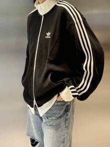 adidas originals TRACK TOP KNIT男女款品牌logo三條紋華夫格立領運動寬鬆長袖夾克KC2619 - 黑色 - 查看 2