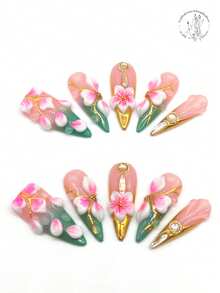 10 Pieces Of Pure Handmade Pressed Nail, 33mm Long Thin High-Heeled Nail Plate, Pink Nail Plate, Blue Nail Plate, Golden Nail Plate, Raised White Petals Pink Coloring, Golden Branches, Yellow Rhinestone Embellishment, Golden Ring With Rhinestone Decoration. It Is Suitable For Daily Leisure And Vacation, Personalized Matching For Dances, Banquets, Parties, Shows And Other Activities.