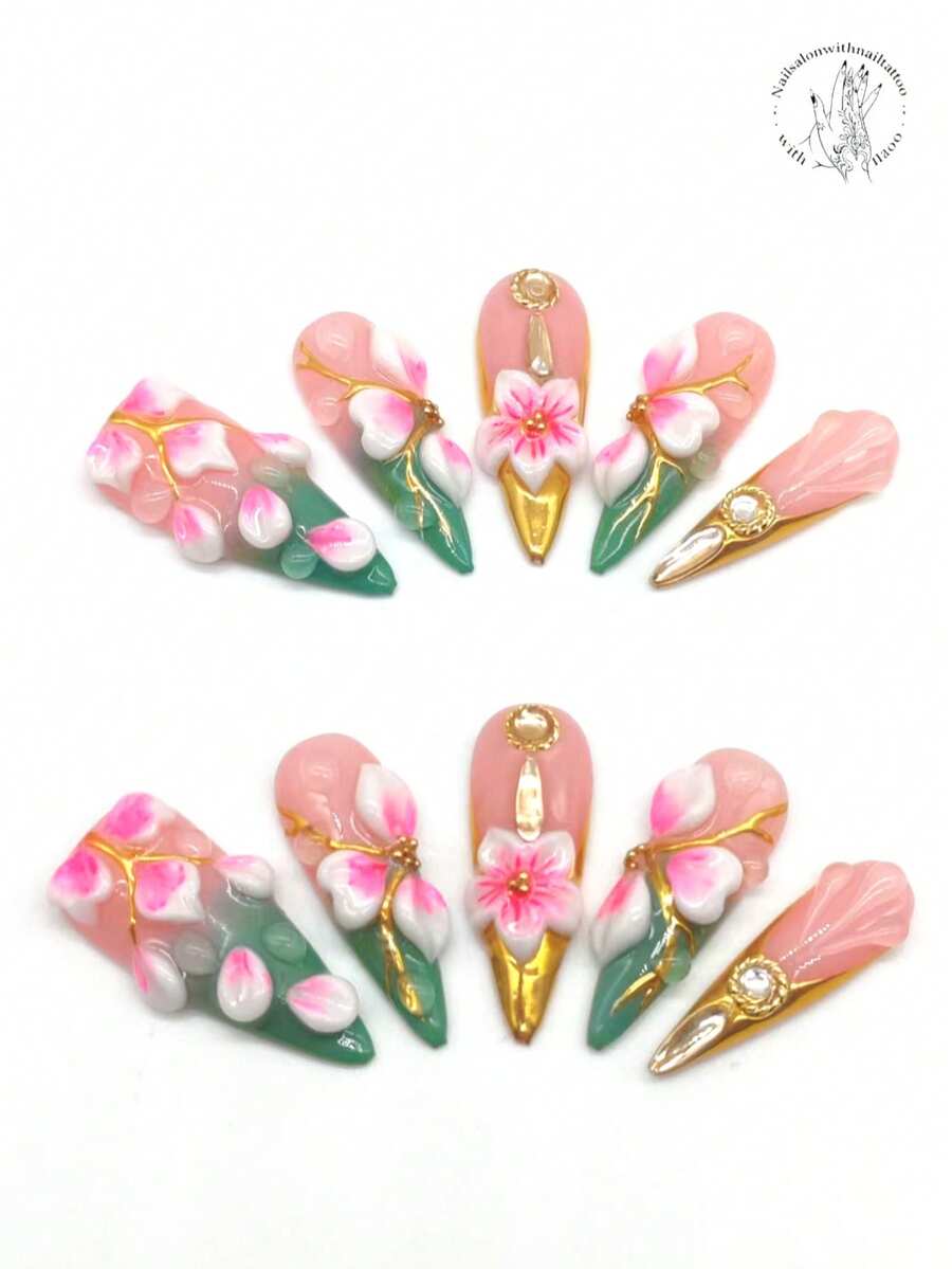 10 Pieces Of Pure Handmade Pressed Nail, 33mm Long Thin High-Heeled Nail Plate, Pink Nail Plate, Blue Nail Plate, Golden Nail Plate, Raised White Petals Pink Coloring, Golden Branches, Yellow Rhinestone Embellishment, Golden Ring With Rhinestone Decoration. It Is Suitable For Daily Leisure And Vacation, Personalized Matching For Dances, Banquets, Parties, Shows And Other Activities.