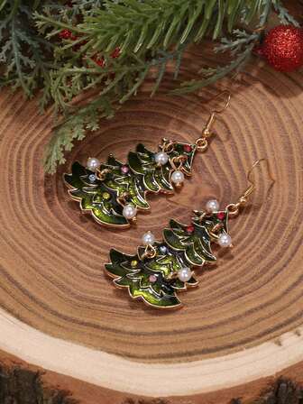1 Pair Alloy Ombre Rhinestone Christmas Tree Earrings, Cute Faux Pearl Decor Earrings For Women, Christmas Jewelry