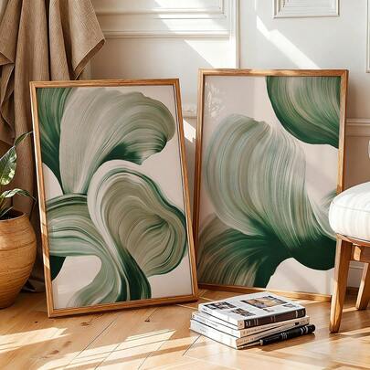 Frameless/2 Pieces Set, Abstract Green Art Print Wall Decoration, Minimalist Line Art Diptych, Painted Color Art Canvas Poster, Room Decor, Office Decor, Ideal Home Creative Gift, Suitable For Study, Living Room, Bedroom, Kitchen, Etc.