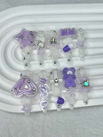 10PCS Cute Jirai Kei Purple Extra Long Tip Nail Art 3D Star Heart Bow Rose Gyaru Handmade Press On Nail Kawaii Y2K Bear Fake Nails Nail Supplies(1 Sheets Jelly Stickers+1PC Nail File)