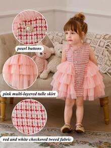 Baby Girls' Pink Mesh Patchwork Dress, Elegant Christmas Party Princess Dress, Suitable For 1st Birthday Party, Wedding, Thanksgiving - Pink - View 10