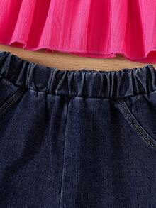 夏季新款蝴蝶结装饰圆领吊带背心+荷叶边短裤两件套女童套装，适合夏季外出、休闲穿着、家庭聚会 - 彩色 - 查看 7