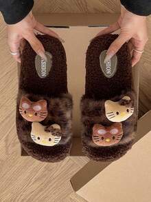 A Pair Of Sanrio's New Hello Kitty Cute Leopard Print Plush Slippers, Suitable For Girl's Autumn And Winter Home, Indoor Anti Slip Bathroom, Home Warm Slippers, Suitable For Outdoor Walking And Dressing