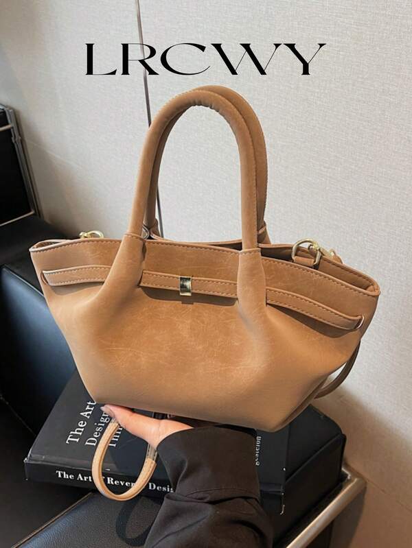 Women's Handbag Woven Basket Bag, Fashion Drawstring Buckle Design, Minimalist Elegant Retro Crossbody Bag, PU Matte Khaki Color, Suitable For Autumn/Winter