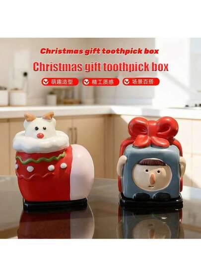 2 Styles Ceramic New Christmas Cute Toothpick Holder, Suitable For Home Desktop Dining Table High-End Toothpick Bucket, Dental Floss Cleaning Swab Canister - Home Decor - Dining Table Storage - Christmas