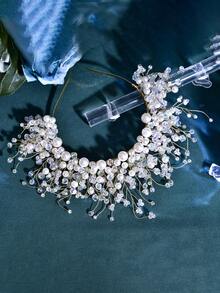 1 Stück luxuriöser romantischer Perlen- & Kristall-Dekor Braut-Krone, handgefertigter modischer Haarschmuck für Hochzeit, Party & Veranstaltungen