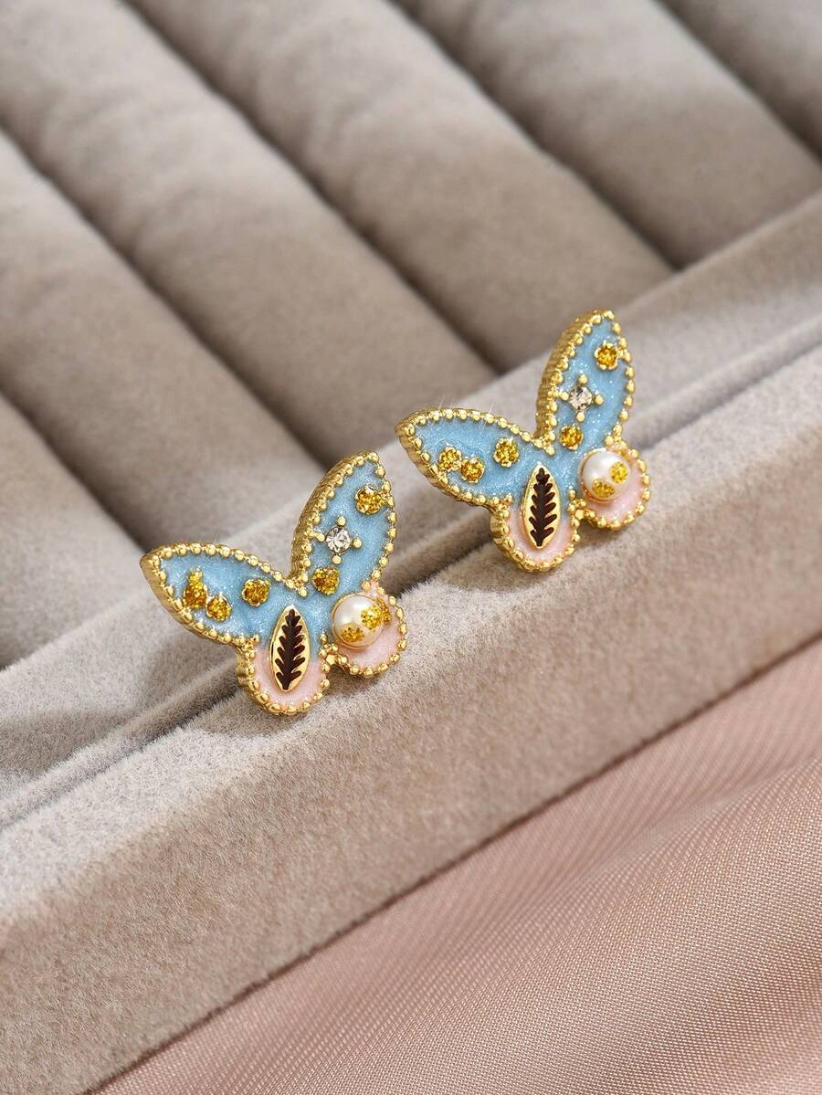 1 par de pendientes de mujer con forma de mariposa con perlas cultivadas/rhinestones de estilo vintage, adecuados para vacaciones y uso diario - Multicolor - Ver 1