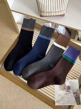 4 Pairs Style Color Block Mid-Calf Socks, Korean Fashion Patchwork Design, Casual Socks For Autumn, Random Delivery