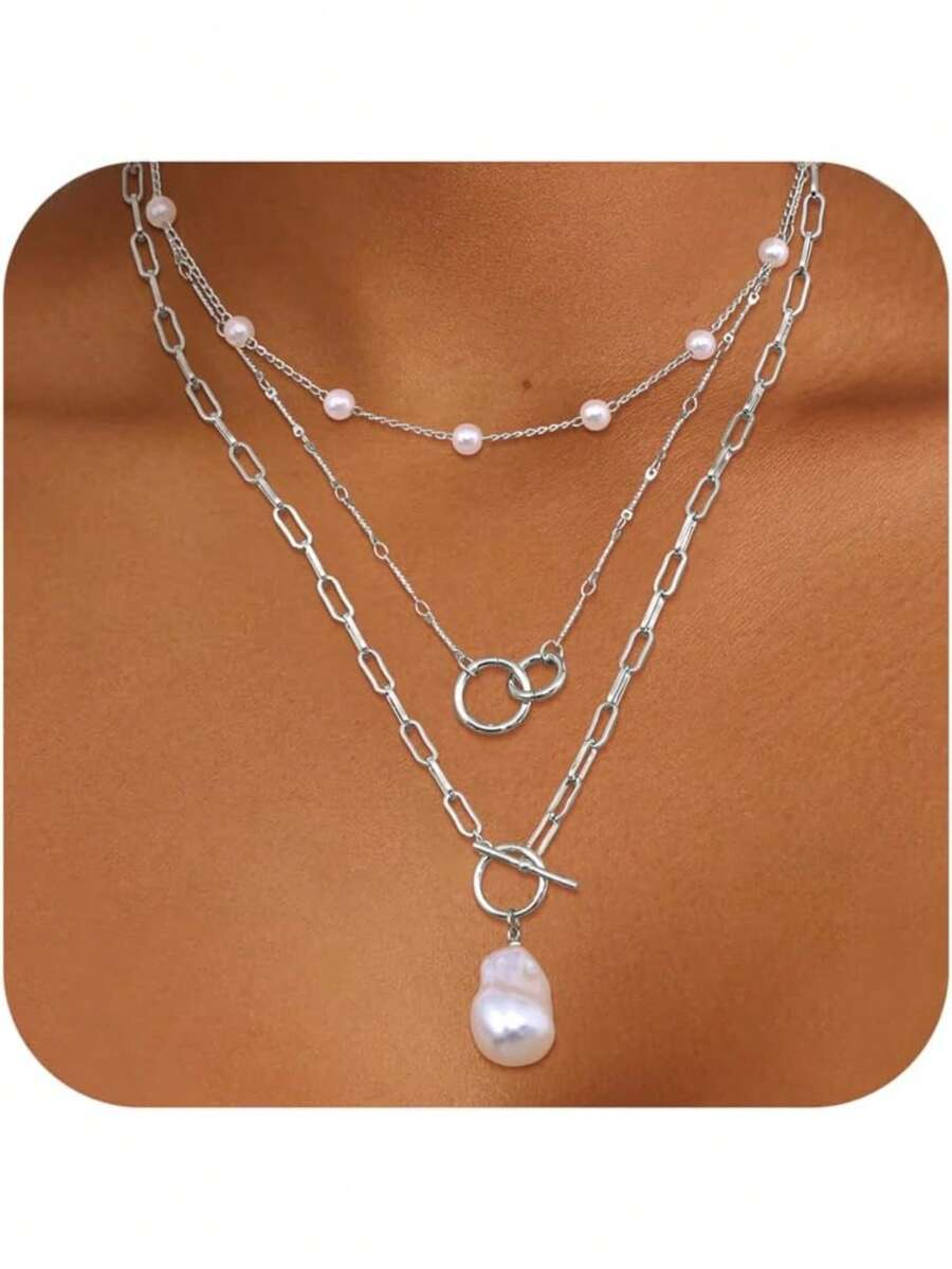 3Pcs Layered 14K Gold Plated Necklaces For Women Dainty Necklace Stack Silver Plated Non Tarnish Free Pendant Chunky Chain Pearl Paperclip Cross Heart Necklace Set For Women - 鍍銀項鍊+珍珠 - 查看 1