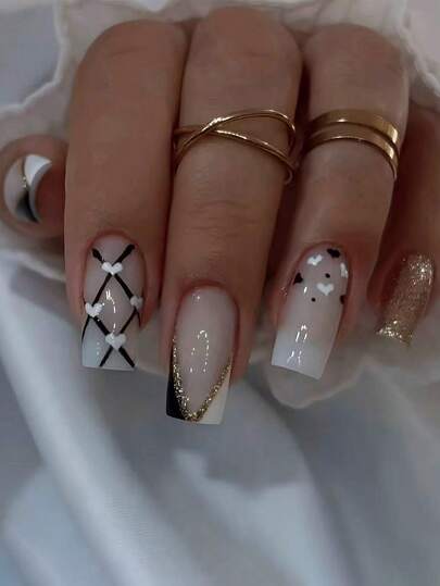 Upgrade Your Look,Valentine's Day 24Pcs Mid Square White Full Coverage Glossy False Nails For Women,Black-And-White Gold V-Shaped French Manicure With Black-And-White Heart-Patterned Stockings Design Sexy, Romantic, And Elegant Style Nail Art